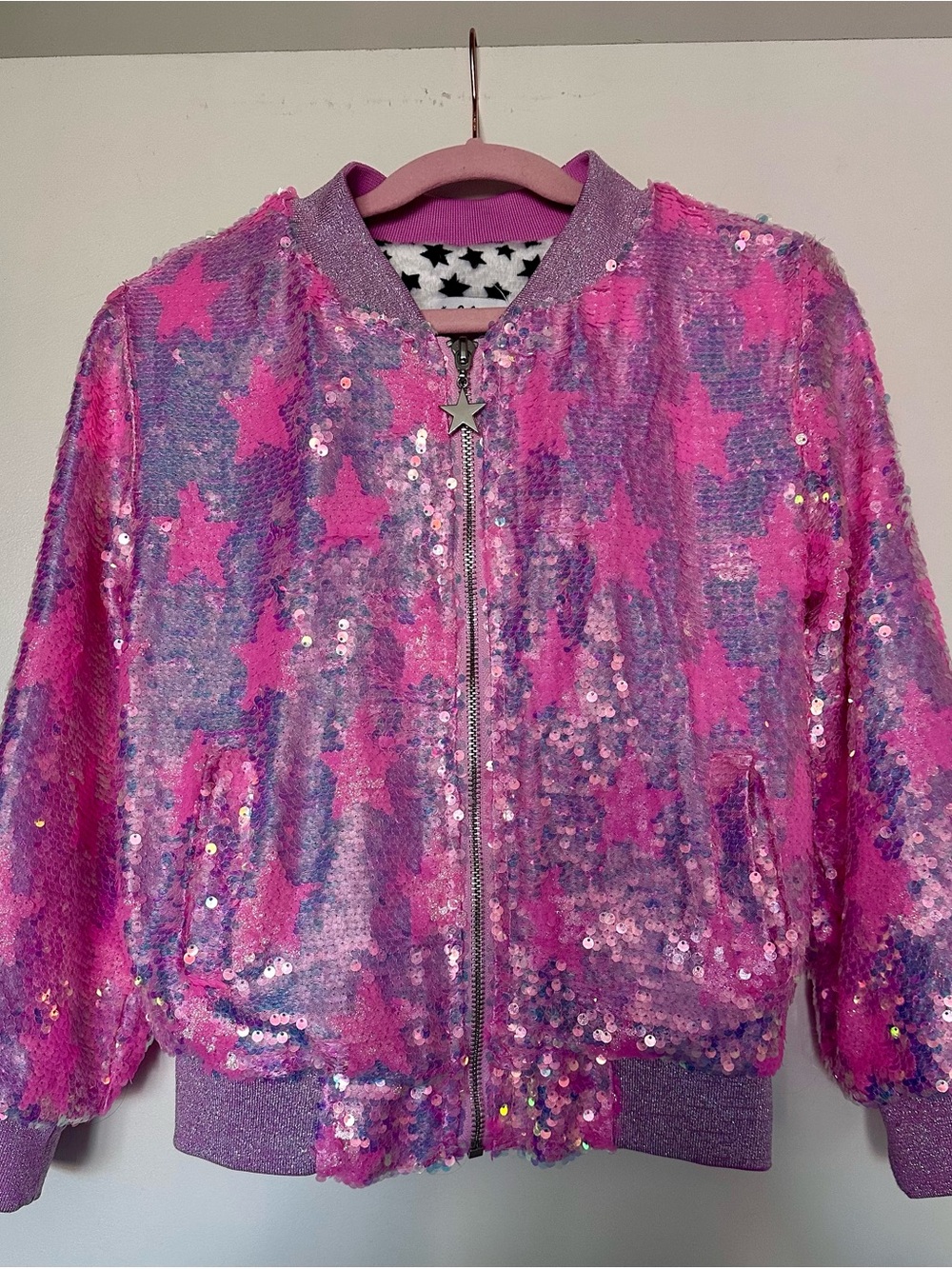 Lola + The Boys Girl’s Pink Sequin Star Bomber Jacket Sz 6